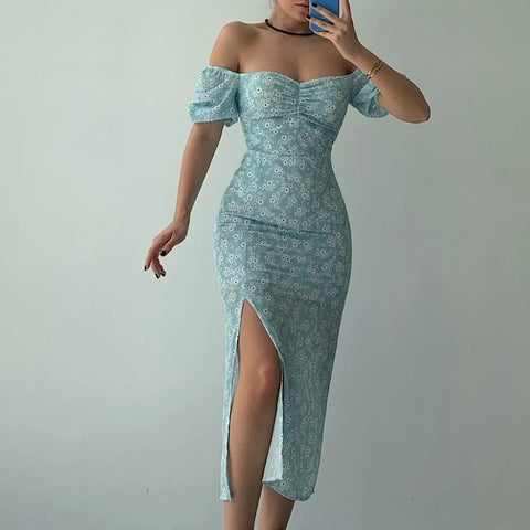 One Line Collar Holiday Dress Wrap Buttocks Slim Waist Dresses With Slit Temperament Chiffon Floral Dresses For Women Plus Size