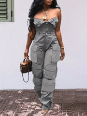 Solid Color Casual Overalls Jumpsuit, Sexy Straight Tube Tube Top Long Jumpsuit, With Pockets, Women's Wear