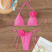 Halter 3D Rose Flower Decor Brazilian Bikini Women Sexy Low Waist Lace Up Split Two Pieces Swimwear Female Bathing Suits Swim
