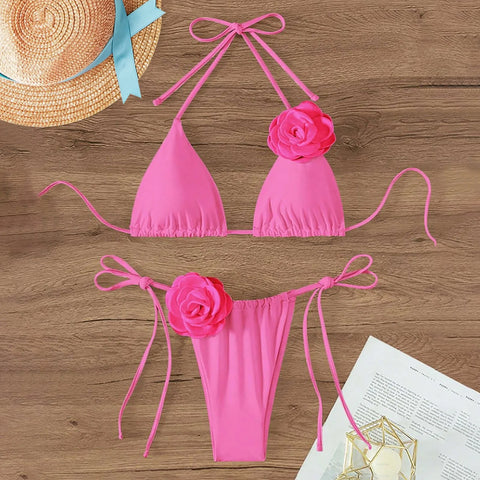 Halter 3D Rose Flower Decor Brazilian Bikini Women Sexy Low Waist Lace Up Split Two Pieces Swimwear Female Bathing Suits Swim