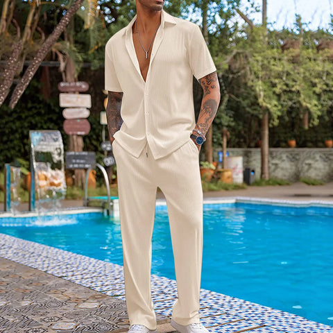 Loose Casual Set Mens Two Piece Outfit Solid Color Short Sleeve Shirts Long Pants Spring And Autumn Fashion Casual Clothes