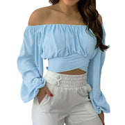 Women Sexy Off Shoulder Long Sleeve Top Self Tie Knot Crop Top Blouse Solid Color WoMen's Blouses Y2k Female Summer Shirts 블라우스