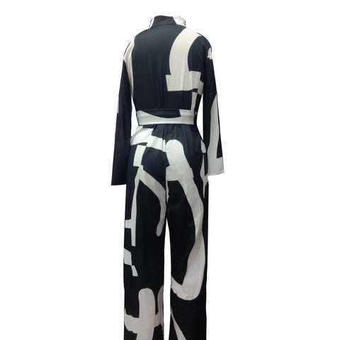 Women's Sexy Cardigan Shirt Neck Tie Long Sleeve Plus Size Jumpsuit Casual One Piece Pants Newspaper Print Harajuku Jumpsuit
