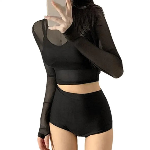 Bikini Sets For Women 3Pcs Soft Swimsuits Bikini Set With Sun Protection Blouse Elastic Comfort Polyester Swimwear For Honeymoon