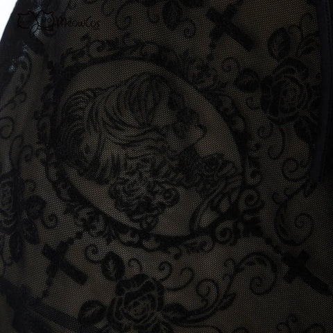 MEOWCOS Goth Bikini Flocking Design Swimsuit Dark Style Gothic Bathing Suit with Cover Up