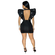 Women V-neck Petal Sleeveless Mini Dress Diamonds Ruched Bodycon Dresses Sexy Night Party Vestidos Fashion Evening