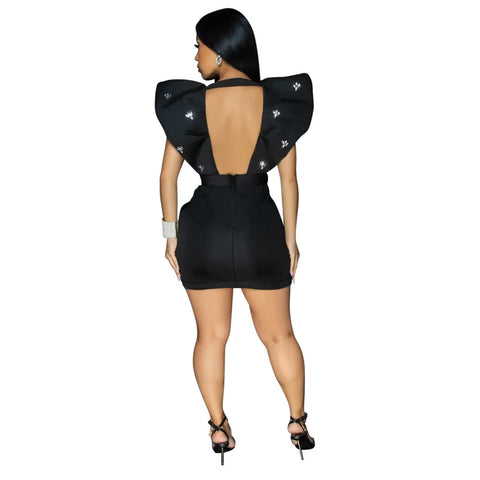 Women V-neck Petal Sleeveless Mini Dress Diamonds Ruched Bodycon Dresses Sexy Night Party Vestidos Fashion Evening