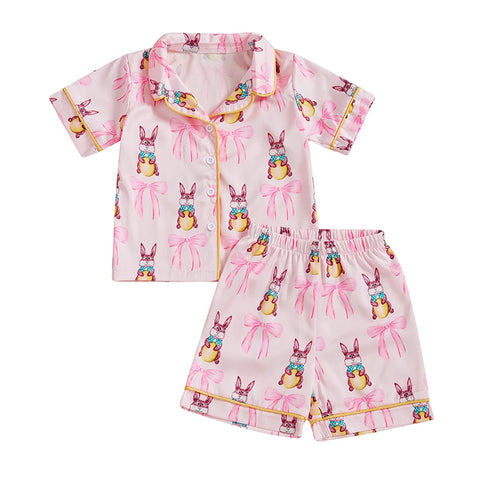 Summer Boy Girl Easter Satin Pajamas Set Bunny Print Short Sleeve Lapel Button Down Tops with Shorts Sleepwear