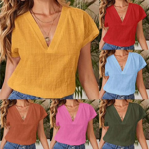 Summer Elegant Blouses For Women 2024 Women'S Summer Solid Color Linen Cotton Loose Half Sleeve Blusas Elegantes Para Mujer 2024