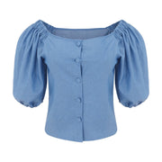 Summer Fashion Office Lady Camisas Blusas Sexy Off Shoulder Bubble Sleeved Denim T-shirt Blouse Beach Party Tops Streetwear