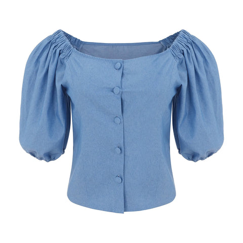 Summer Fashion Office Lady Camisas Blusas Sexy Off Shoulder Bubble Sleeved Denim T-shirt Blouse Beach Party Tops Streetwear