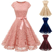 Women's Lace Party Dress Summer Short Sleeve O Neck Swing High Waist Bridesmaid Dress Bow Tie Formal Cocktail Swing A Line Dress