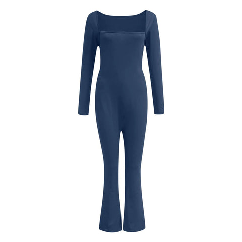 Women Autumn Winter Long Sleeve Bodycon Streetwear Jumpsuit Overall One-Piece Outfit Square Neck Solid Wide Leg Pant Yoga Cloth