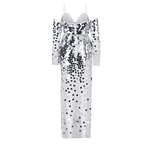 Women'S Sequined Evening Dress One Houlder Mesh See Through Long Evening Gown Dresses New Personality Style Female Vestidos