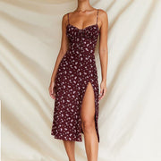 Elegant Classy Flower Print Spaghetti Straps Dresses For Women 2024 Camisole Deep V Neck Suspender Dress Woman Clothing