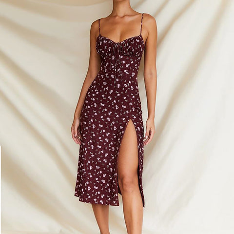 Elegant Classy Flower Print Spaghetti Straps Dresses For Women 2024 Camisole Deep V Neck Suspender Dress Woman Clothing