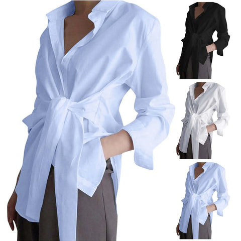 Women's Spring Shirts New Chic Comfortable Casual Temperament Loose Tie Waist Shirt Office Business Commuting Pure Color Blouse
