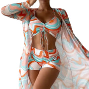 3 Pcs/Set Women Bikini Cover Up Set Contrast Color Long Sleeves Cover Up Spaghetti Strap Swimwear Set Water Activity Clothes