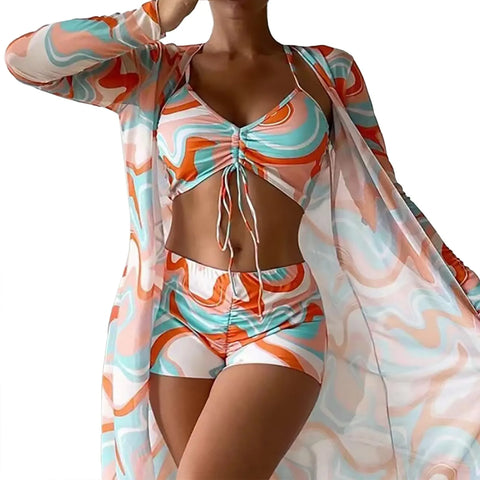 3 Pcs/Set Women Bikini Cover Up Set Contrast Color Long Sleeves Cover Up Spaghetti Strap Swimwear Set Water Activity Clothes