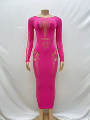 Women Full Sleeve Long Dress Mesh Hollow Out 2024 Fall O-neck Evening Vestidos Sexy Party Club Maxi Dresses Vestidos