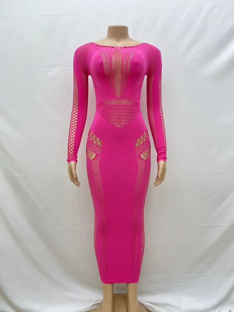 Women Full Sleeve Long Dress Mesh Hollow Out 2024 Fall O-neck Evening Vestidos Sexy Party Club Maxi Dresses Vestidos