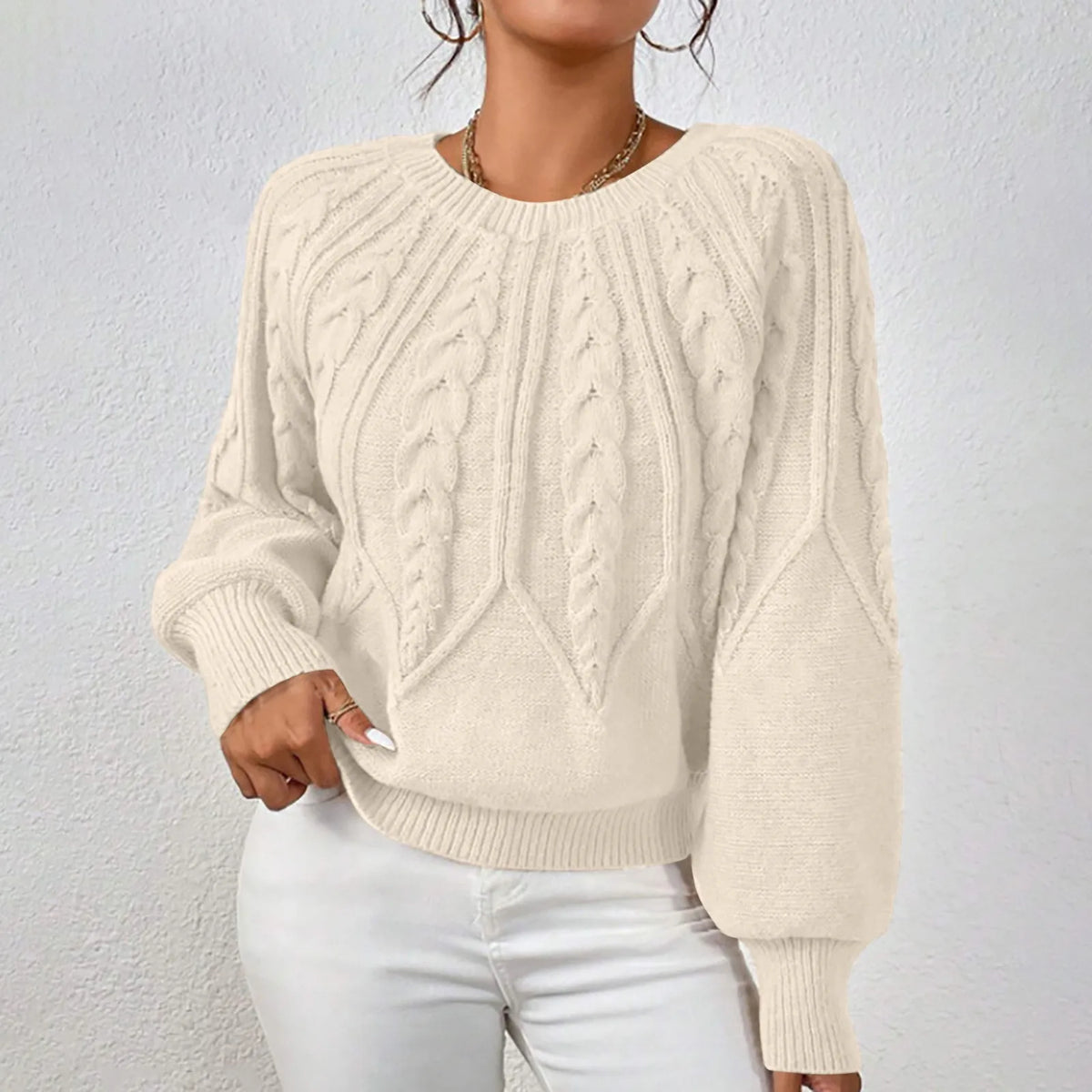 Cable Knit Puff Sleeve Crewneck Sweater – view 10 of 20