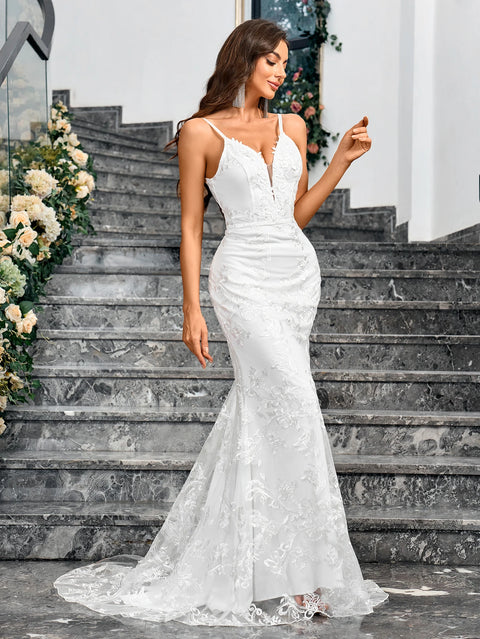 Ladies Dresses Sleeveless Camisole V-neck Sequined Mermaid White Wedding Dress Backless Lace Floor Length Evening Women Gown