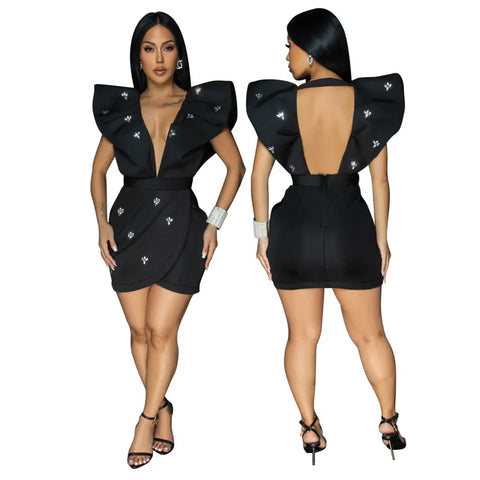 Women V-neck Petal Sleeveless Mini Dress Diamonds Ruched Bodycon Dresses Sexy Night Party Vestidos Fashion Evening