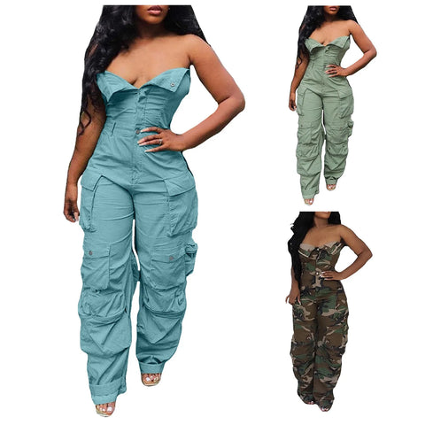 Women's Sexy Off Shoulder Tube Denim Cargo Jumpsuits Wide Leg Baggy Loose Jean Pants Rompers Overalls Control Too Pants