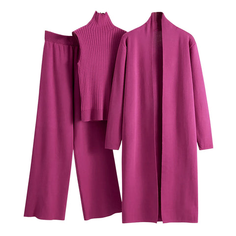 Ladies 3 Piece Outfits Sweater Sets Pullover Crop Top & Knitted Long Cardigan & Wide Leg Pants Suits Autumn Clothes Sets