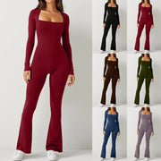 Women Autumn Winter Long Sleeve Bodycon Streetwear Jumpsuit Overall One-Piece Outfit Square Neck Solid Wide Leg Pant Yoga Cloth