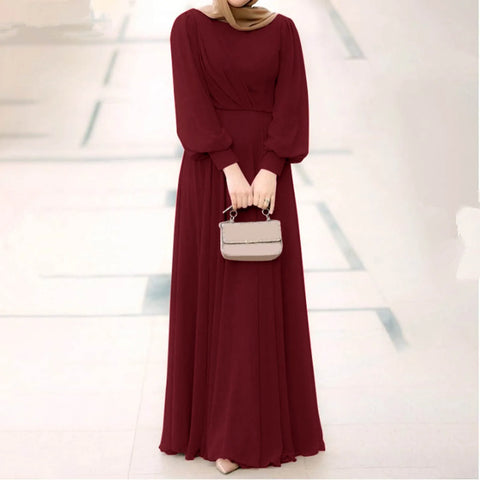 Elegant Abaya Dubai Muslim Women's Maxi Dress Solid Color Puff Sleeve Casual Pleated Temperament Dress Turkey Islamic Clothing