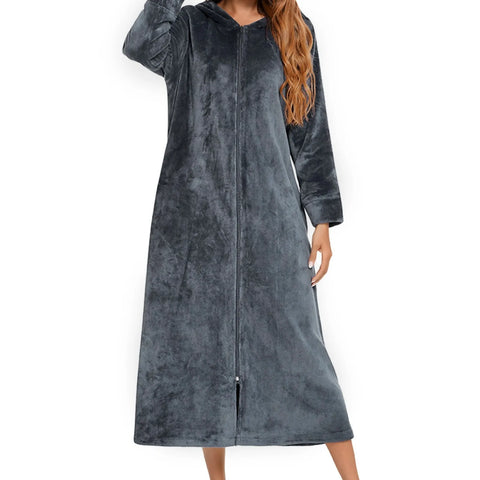 Winter Long Fleece Bathrobes Sleepwear Women's New Solid Color Zipper Bath Robe Dressing Gown Autumn Warm Hooded Home Wear