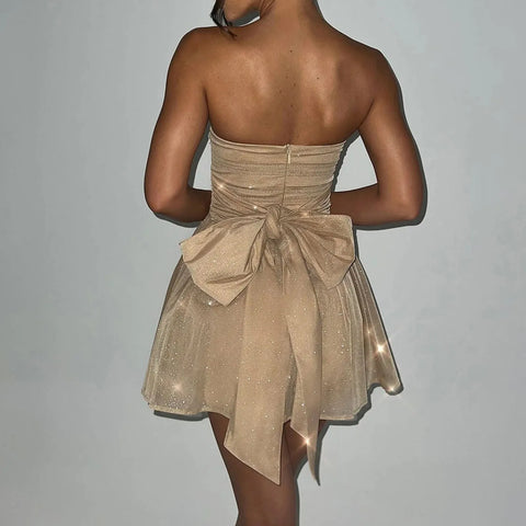 New In Dresses Strapless Short Homecoming Dresses For Teens Sparkly Tulle Prom Cocktail Party Gowns With Bow Robes Courtes