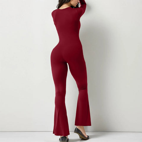 Women Autumn Winter Long Sleeve Bodycon Streetwear Jumpsuit Overall One-Piece Outfit Square Neck Solid Wide Leg Pant Yoga Cloth