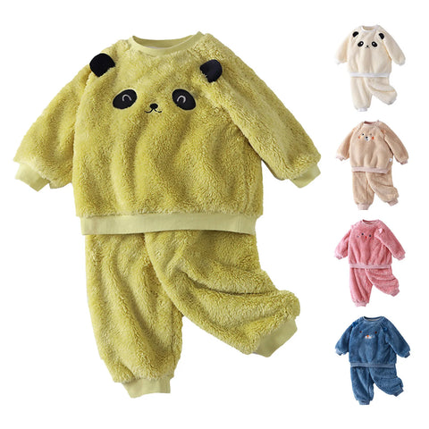 Kids Toddler Sleepwear Boys Girls Fleece Pajamas Set Winter Thickened Warm Sleepwear Set Homewear Tops+Pants Two Pieces Outfits