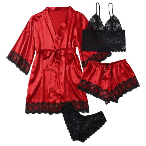 Women' Silk Satin Pajamas Set 4pcs Lingerie Floral Lace Sleepwear With Robe Nightgown Long