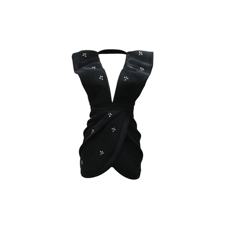 Women V-neck Petal Sleeveless Mini Dress Diamonds Ruched Bodycon Dresses Sexy Night Party Vestidos Fashion Evening