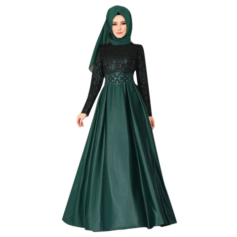 Ethnic Style Muslim Maxi Robe Women Lace Spliced Long Sleeved Elegant Temperamental High Waist Saudi Arabia Muslim Maxi Dress