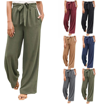 Summer Cargo Pants Women Plus Size High Waisted Tied Belt Palazzo Pants Baggy Flowy Beach Pants With Pockets Women's Pants