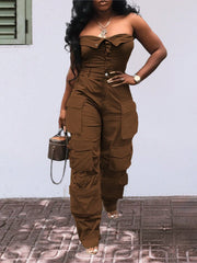 Solid Color Casual Overalls Jumpsuit, Sexy Straight Tube Tube Top Long Jumpsuit, With Pockets, Women's Wear