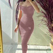 Elegant Pleated Bodycon Formal Dress Women's Off Shoulder Solid Color Gathered Slim Sexy Dress Women Girls Slim Birthday Dresses