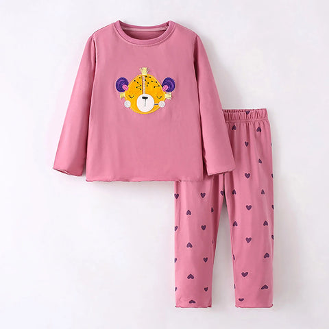 Kids Girls Autumn Winter Homewear Animal Cartoon Printed Long Sleeve Crew Neck Loose Tops And Trousers 2PC Pajamas Gift Set