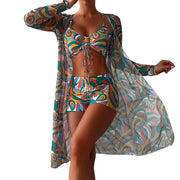 3 Pcs/Set Women Bikini Cover Up Set Contrast Color Long Sleeves Cover Up Spaghetti Strap Swimwear Set Water Activity Clothes