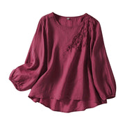 Cotton Linen Blended Summer Blouse Women Embroidered Floral Thin Long Sleeve Blouses Round Neck Loose Female Top