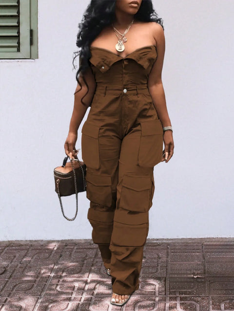 Solid Color Casual Overalls Jumpsuit, Sexy Straight Tube Tube Top Long Jumpsuit, With Pockets, Women's Wear
