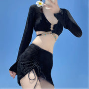 Women's Solid Color Bikini Set Long Sleeve Metal Tassel Coverups Mid Waist Drawstring Beachwear Sexy Fashionable Bikini Set