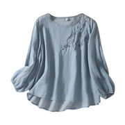Cotton Linen Blended Summer Blouse Women Embroidered Floral Thin Long Sleeve Blouses Round Neck Loose Female Top