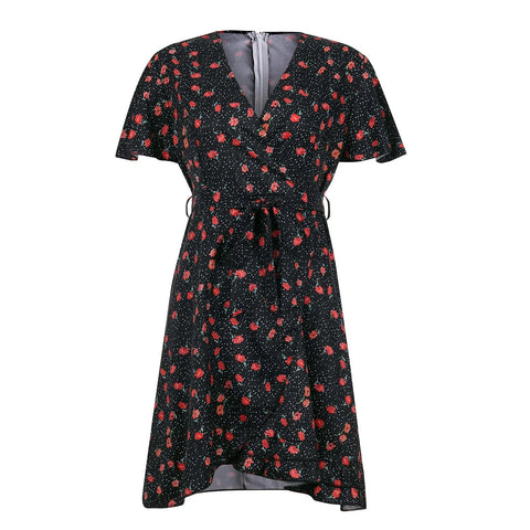 Women'S A-Line Dress V Neck Ruffled Waistband Wrapped With Printed Casual Dress Female Vintage Printing Casual Beach Dresses