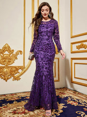 Party Dresses Luxury Women Sequin Dress Purple Round Neck Long Evening Dress Long Sleeved Dress Celebrity Evening Dress Glitter